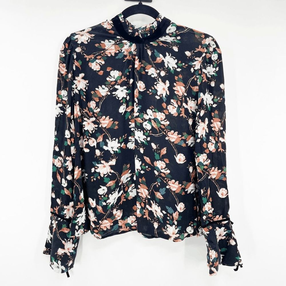 BP Floral Long Sleeve Blouse Women's Size‎ S Black Mock Neck Keyhole Back